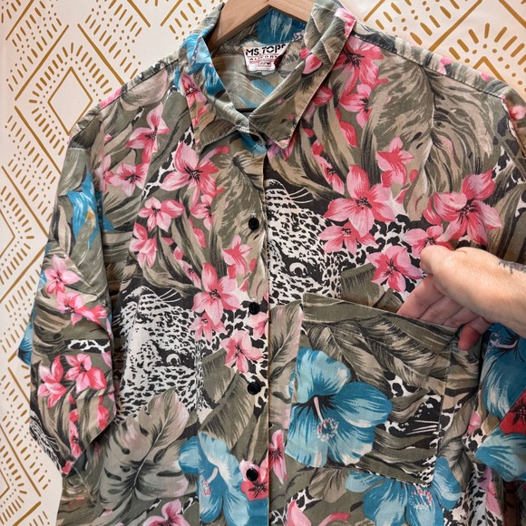 Vintage Button Up Size 22W Tropical Leopard Floral Short Sleeve Shirt Summer - Picture 2 of 10